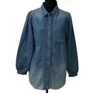 American Eagle Outfitters Denim Puff Sleeve Button Down Blue Top(Size Medium)